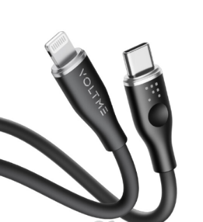 فولتمي - كابل  باور لينك السيليكون تايب سي إلى لايتينيغ 3A / 1.2M موصل من سبائك الزنك / أسود