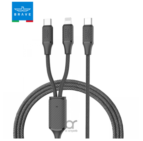 بريف كابل شحن سريع 2 في 1 من تايب سي إلى تايب سي وLightning بقوة 60 واط وطول 1.2 متر، مضفر – أسود، متوافق مع iPhone وSamsung وMacBook وiPad