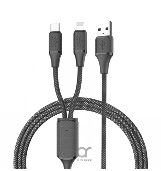 بريف كابل شحن سريع 2 في 1 من يو اس بي إلى تايب سي و Lightning، بقوة 120 واط، مضفر، أسود ويدعم جميع الأجهزة