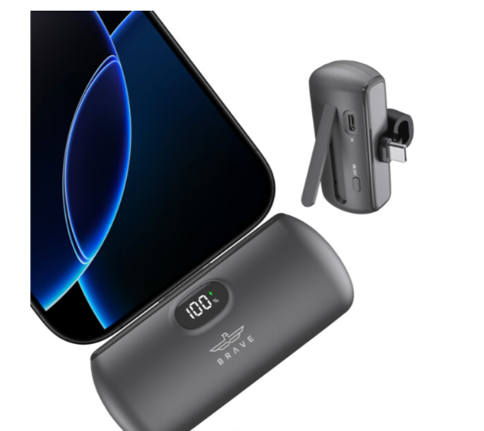 بريف باور بانك بوكيت برو صغير 5000 مللي أمبير شحن سريع 20 واط مع شاشة LED وموصل يو اس بي مدمج وحامل قابل للطي – للايفون وسامسونج وبيكسل