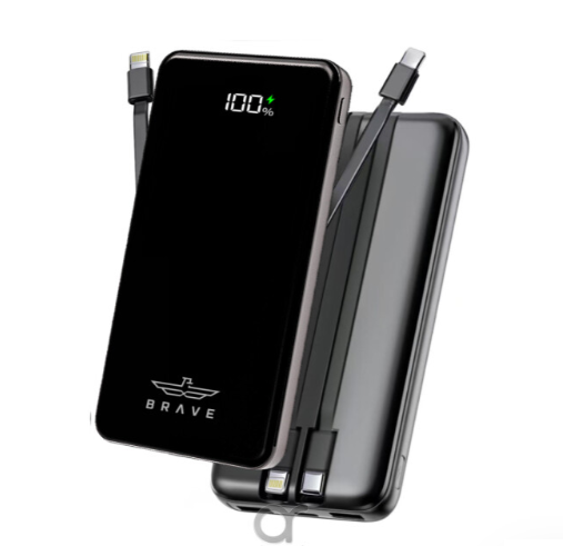 [3677] بريف باور بانك بسعة 12000  ملّي أمبير مع شحن سريع 22.5  واط، كابلات USB-C وLightning مدمجة، شاشة LED، تصميم مدمج لشحن جهازين في وقت واحد