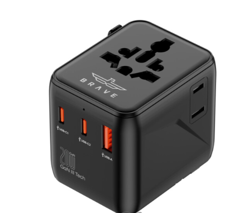 بريف شاحن السفر العالمي GaN  بقوة 20 واط مع 2 منفذ تايب سي ومنفذ يو اس بي ومحول قابس لـ 200 دولة