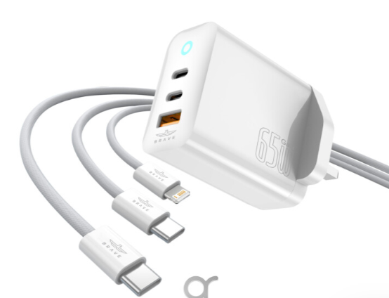 [3681] بريف شاحن كمبيوتر محمول  65W - GaN بثلاثة منافذ نوع مزدوج C + USB-A مع كابلات 60W Type-C إلى C و20W C إلى Lightning - أبيض