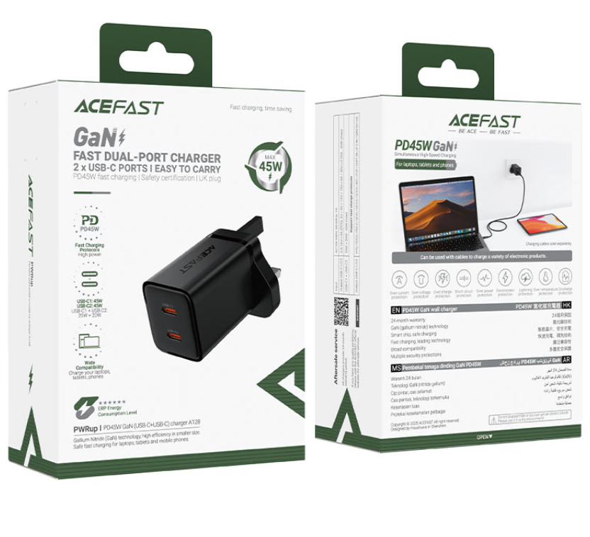 ايس فاست شاحن حائط سريع الشحن A128 Gan   بمخرجين تايب سي ( المملكة المتحدة )