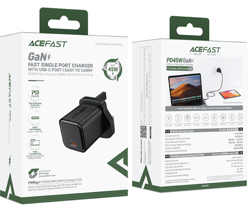 ايس فاست شاحن حائط سريع الشحن A125-  Gan   بمخرج واحد تايب سي   ( المملكة المتحدة )