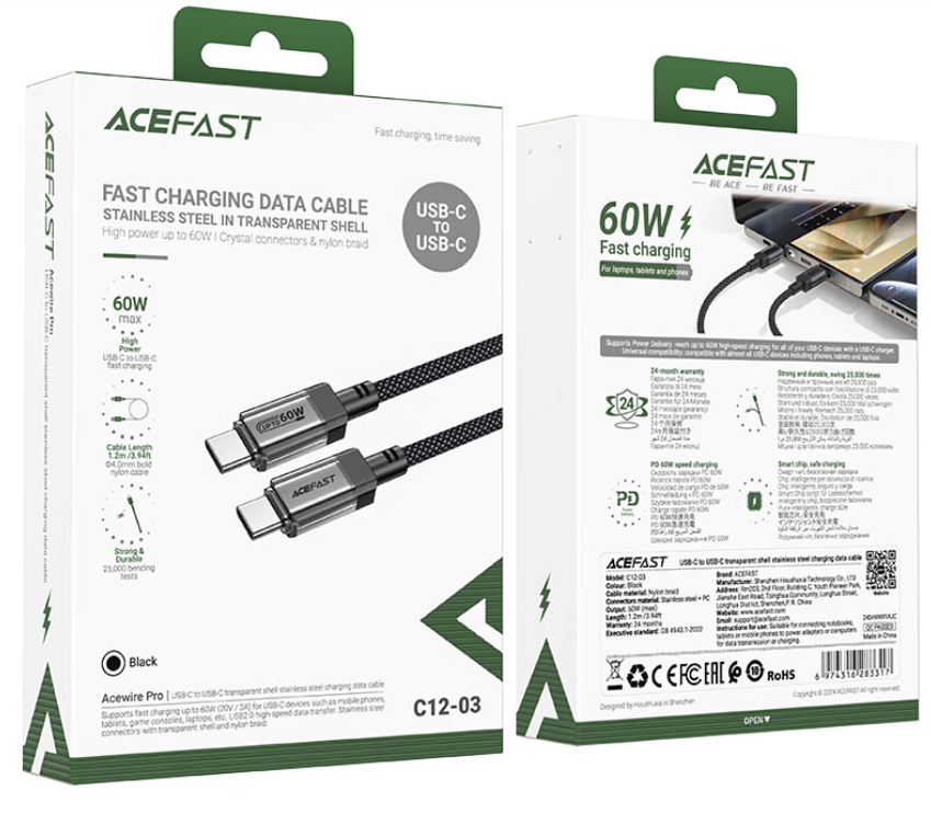 ايس فاست كابل شحن من تايب سي الي تايب سي بغطاء شفاف من الفولاذ المقاوم للصدأ - أسود  C12-03 - يدعم الشحن السريع حتى 60 واط.