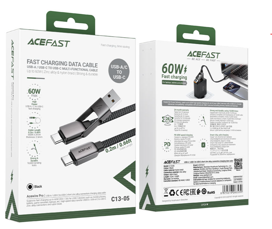 ايس فاست - كابل الشحن المجدول2 في 1 بموصلات قصيره من سبائك الزنك - تايب سي و تايب سي الي يو اس بي 0.2 متر