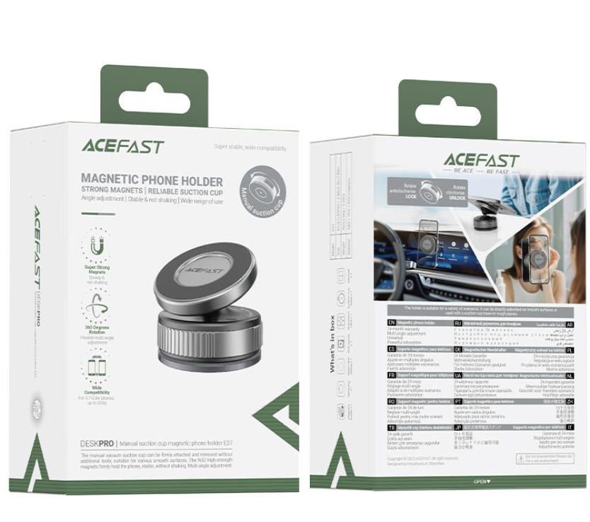 ايس فاست - حامل الهاتف المغناطيسي E27 - بكوب شفط يدوي رمادي معدني