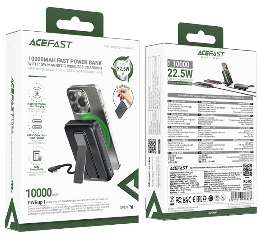 ايس فاست - باور بنك شاحن مغناطيسي سريع الشحن اللاسلكي M24 22.5 واط 10000 مللي أمبير في الساعة