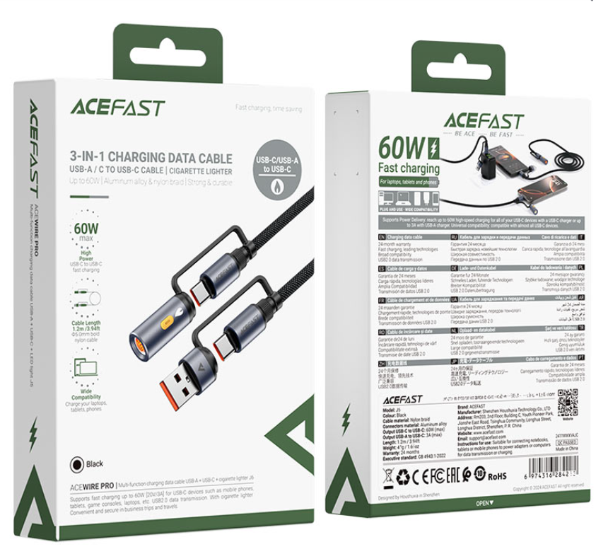 ايس فاست - كابل شحن ونقل البيانات J6 من USB-C إلى USB-A / ولاعة السجائر
