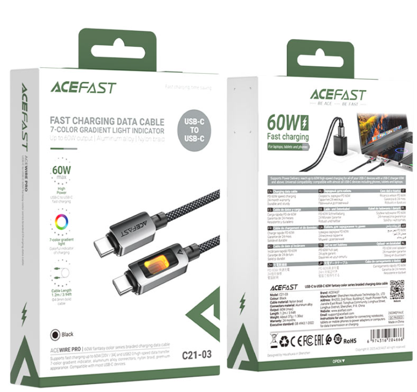[3824] ايس فاست - كابل شحن ونقل البيانات C21-03 USB-C إلى USB-C بقوة 60  واط