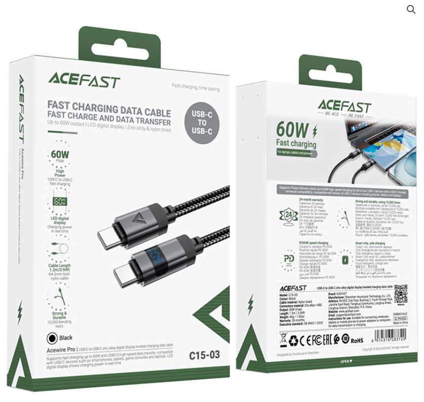 [3847] ايس فاست - كابل شحن ونقل البيانات C15-03 USB-C إلى USB-C بقوة 60  واط