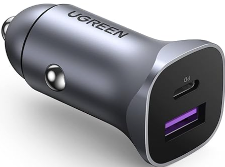 [3930] يوجرين - شاحن سيارة USB C 30  واط، شاحن سيارة صغير من خليط الالومنيوم سريع ،  بمنفذين شحن سريع