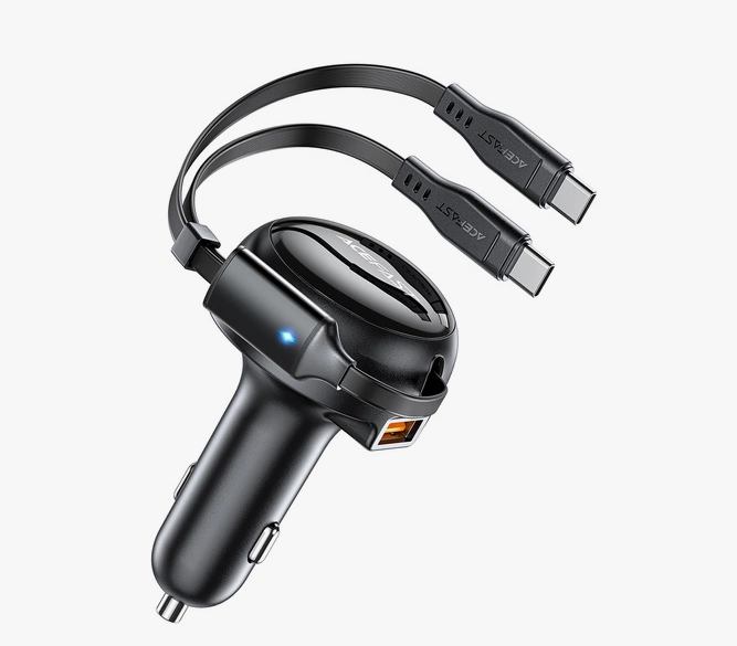 [3943] ايس فاست -شاحن سيارة  B13  بقوة 53  وات مع مخرج USB-A و2  كابل USB-C قابل للسحب - أسود