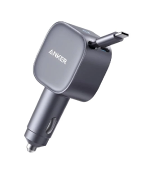 انكر - شاحن سيارة PD نانو 75 واط مع كابل تايب سي قابل للسحب ومنفذ تايب سي - رمادي