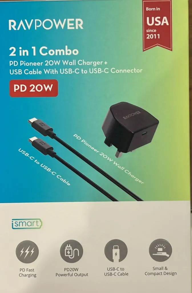 [RP-PC1032] بلاك شاحن مع كابل   Ravpower - بقوة 20  واط - تايب  C الي تايب  C