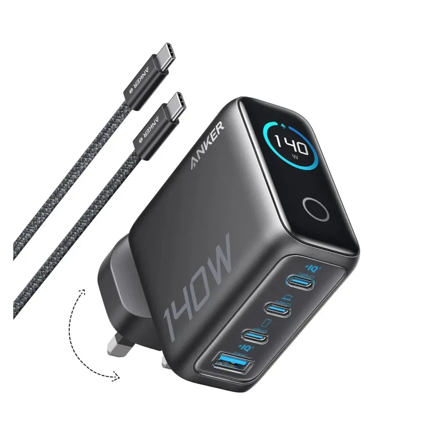 [194644288204] انكر - شاحن حائط قابل للطي أنكَر 140  واط USB - C -           GAN مع كابل 1.5  متر، مخرجان USB-C بقوة 140  واط، منافذ USB-C + USB-A ، B2697KZ1 – رمادي داكن