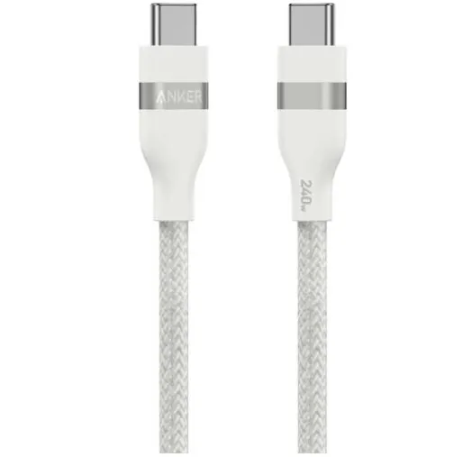 [194644040840] انكر - كابل أنكر USB-C إلى USB-C، شحن سريع 240  واط، نقل بيانات بسرعة 480  ميجابت في الثانية، كابل متين مضفر، عمر افتراضي يصل إلى 30000  انحناء، طول 1  متر، أبيض